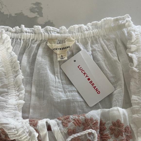 Lucky Brand Bohemian Off-Shoulder White Blouse with Pink Embroidery - Picture 9 of 10